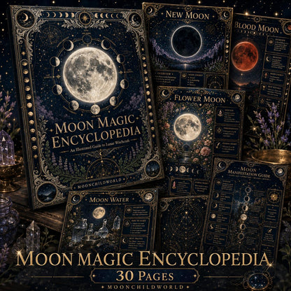 Printable Moon Magic grimoire pages featuring antique gold illustrations and celestial designs on a deep midnight blue background.