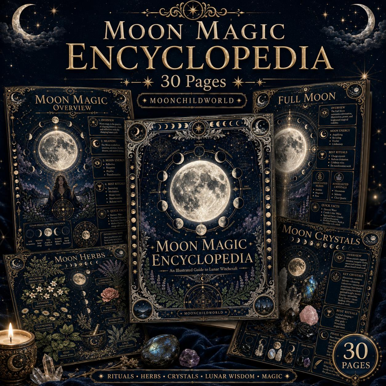 Midnight blue and gold Moon Magic grimoire pages featuring lunar phases, crystals, and herbs in an antique illustrated style.