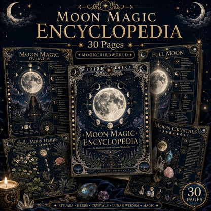 Midnight blue and gold Moon Magic grimoire pages featuring lunar phases, crystals, and herbs in an antique illustrated style.