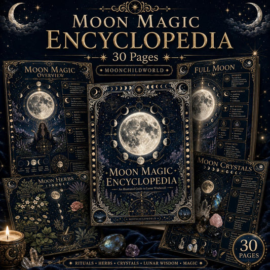 Midnight blue and gold Moon Magic grimoire pages featuring lunar phases, crystals, and herbs in an antique illustrated style.