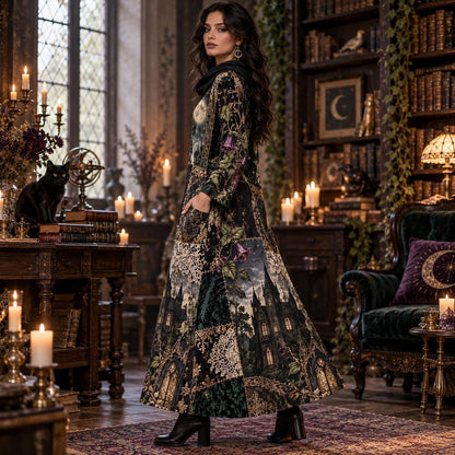 Moon Manor Night Garden Gothic Cowl Neck Dress – Witchy Dark Maxi – worn, three quarter view