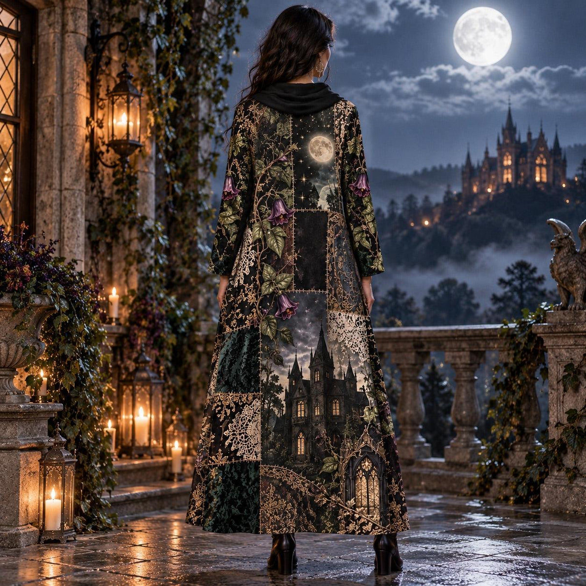 Moon Manor Night Garden Gothic Cowl Neck Dress – Witchy Dark Maxi – worn, back view