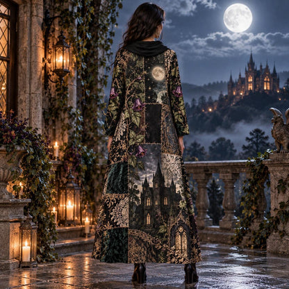 Moon Manor Night Garden Gothic Cowl Neck Dress – Witchy Dark Maxi – worn, back view