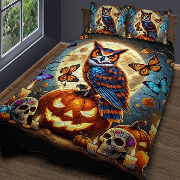Moon Owl Witchy Quilt Bedding Set for Halloween-MoonChildWorld