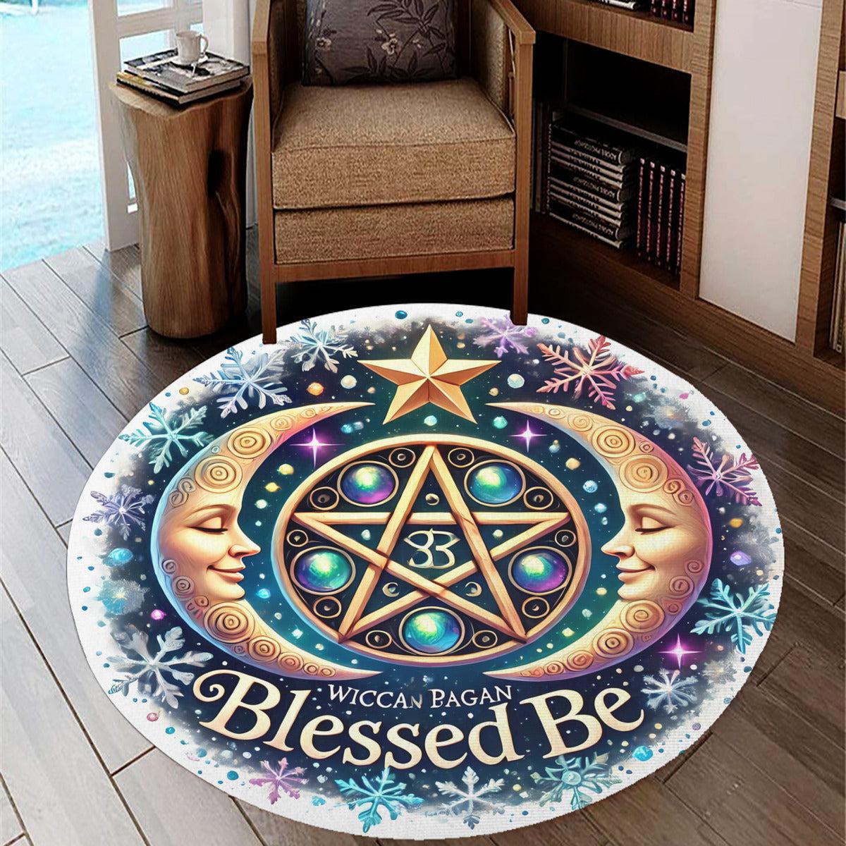 Moon Pentacle Round Rug Blessed Be Wicca Carpet for Pagan Home Decor-MoonChildWorld