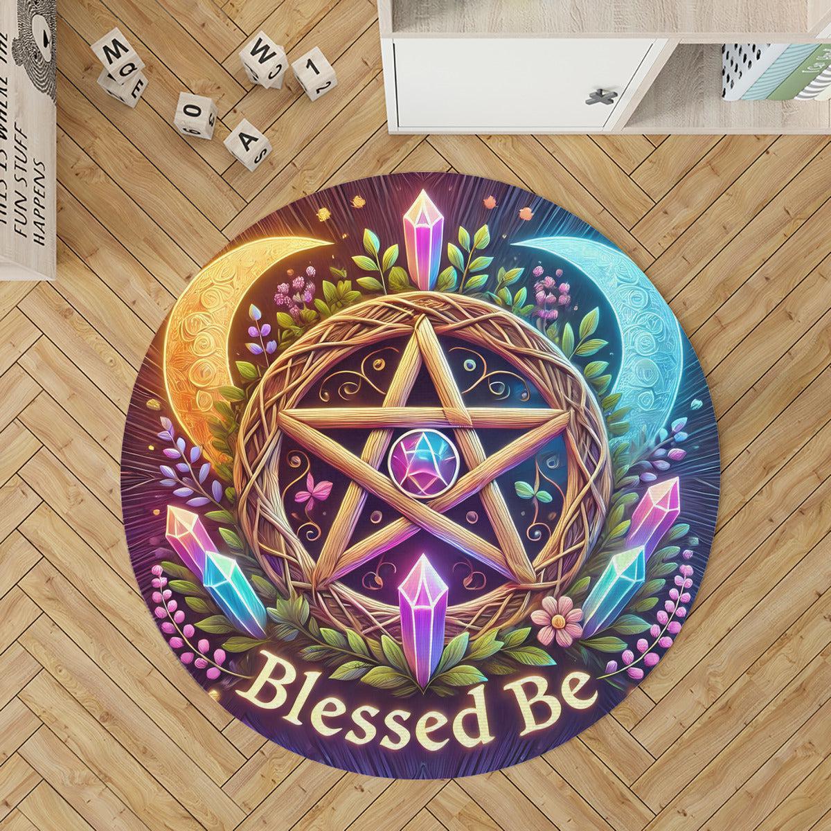 Moon Pentacle Wicca Round Rug Blessed Be Witchy Carpet for Pagan Home Decor-MoonChildWorld