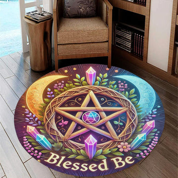 Moon Pentacle Wicca Round Rug Blessed Be Witchy Carpet for Pagan Home Decor-MoonChildWorld
