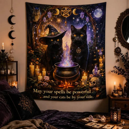 Moon Pentagram Black Cat Halloween Tapestry – Wicca Gothic Witchcraft Wall Hanging_mockup_1.webp