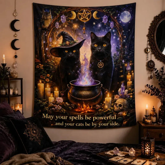 Moon Pentagram Black Cat Halloween Tapestry – Wicca Gothic Witchcraft Wall Hanging_mockup_1.webp