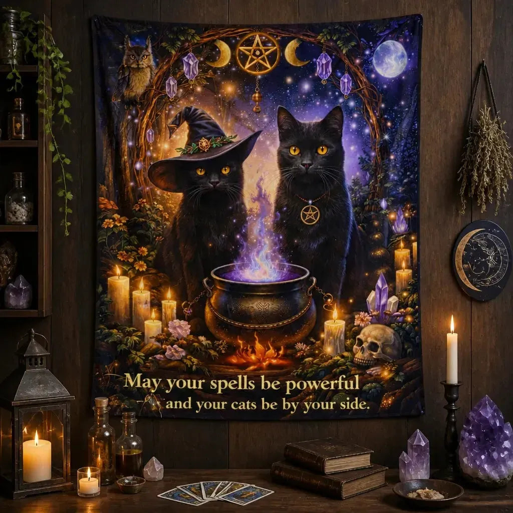 Moon Pentagram Black Cat Halloween Tapestry – Wicca Gothic Witchcraft Wall Hanging_mockup_2.webp
