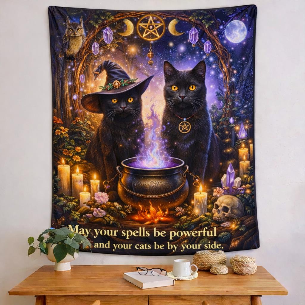Moon Pentagram Black Cat Halloween Tapestry – Wicca Gothic Witchcraft Wall Hanging-MoonChildWorld