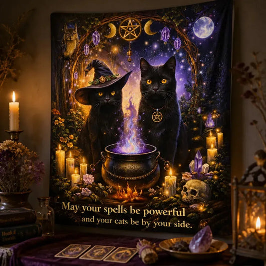Moon Pentagram Black Cat Halloween Tapestry – Wicca Gothic Witchcraft Wall Hanging_mockup_3.webp
