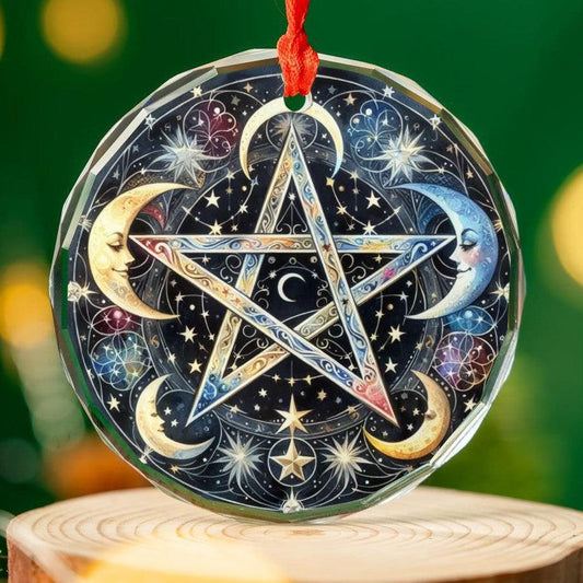 Moon Pentagram Glass Ornament Pagan Wicca Christmas Tree Ornament-MoonChildWorld