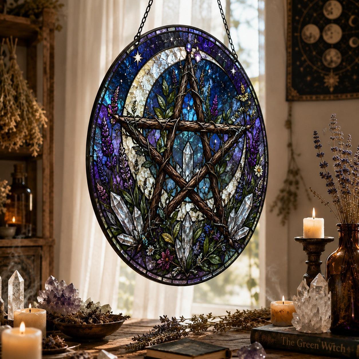 Moon Pentagram Pagan Glass Suncatcher - window display
