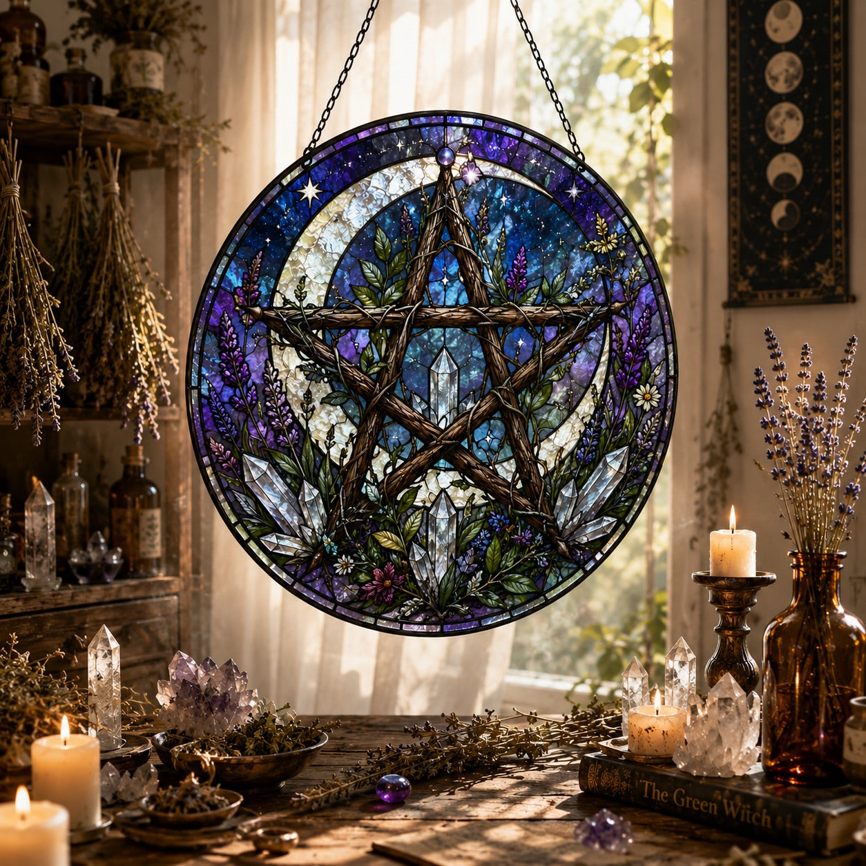 Moon Pentagram Pagan Glass Suncatcher - close up detail