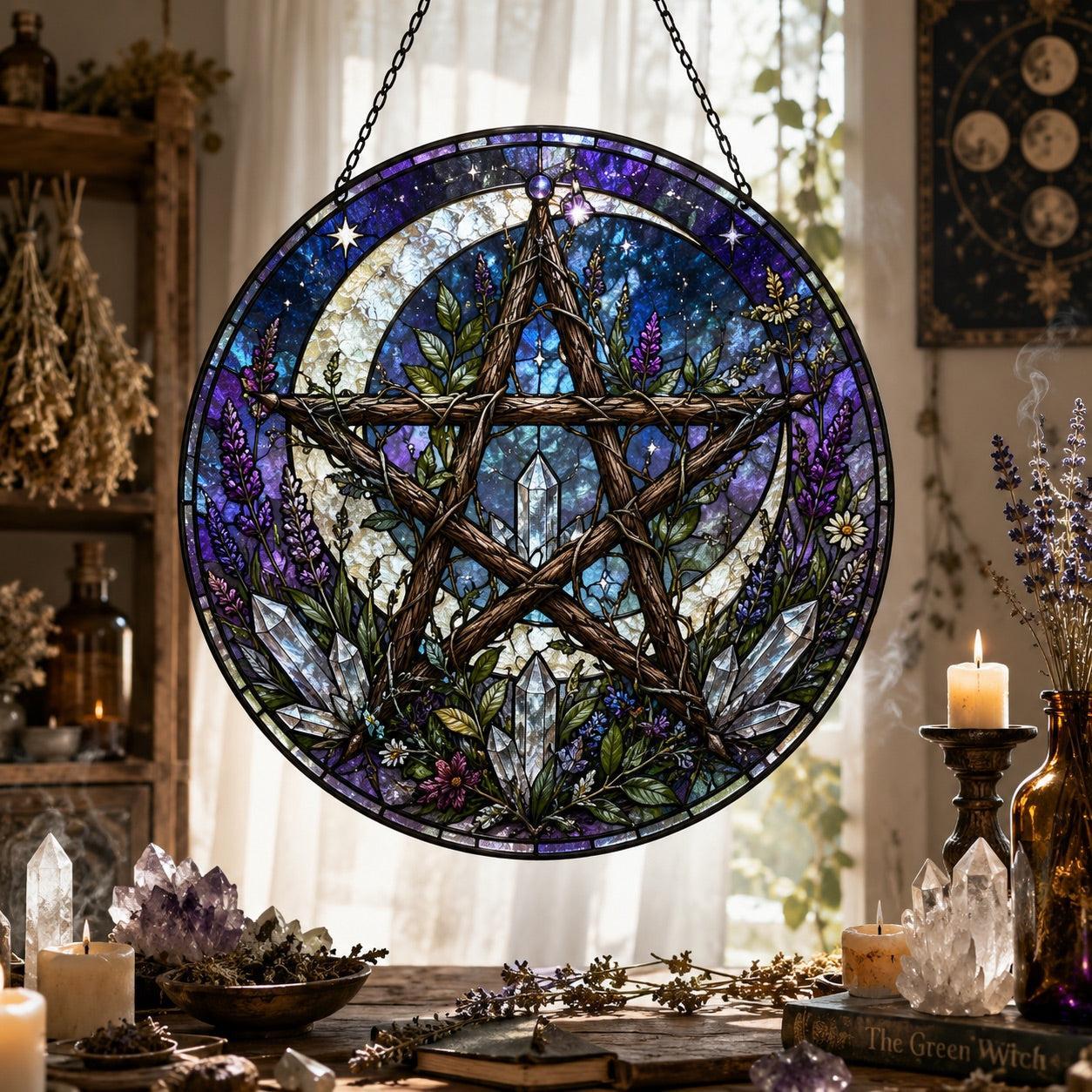 Moon Pentagram Pagan Glass Suncatcher - sunlight glow