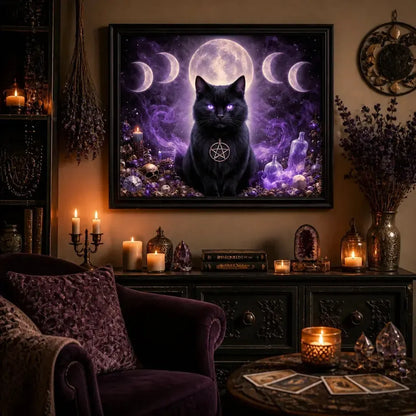 Moon Phase & Black Cat Canvas Wall Art - Gothic Black Framed Print for Witch Home & Wicca Altar Decor_mockup_1.webp