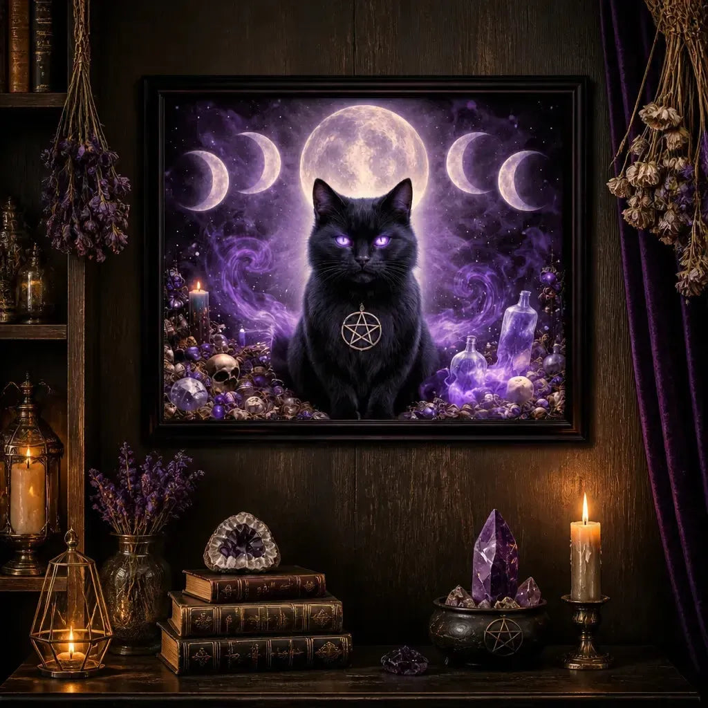 Moon Phase & Black Cat Canvas Wall Art - Gothic Black Framed Print for Witch Home & Wicca Altar Decor_mockup_2.webp
