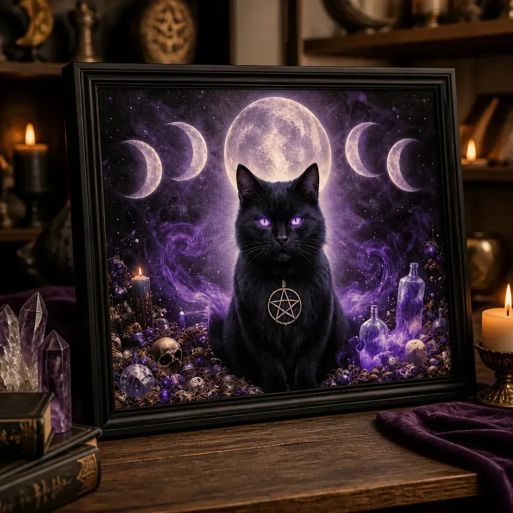 Moon Phase & Black Cat Canvas Wall Art - Gothic Black Framed Print for Witch Home & Wicca Altar Decor_mockup_3.webp