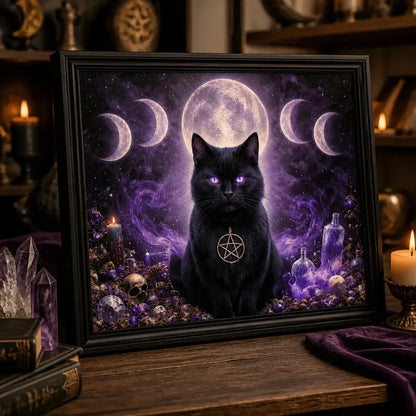 Moon Phase & Black Cat Canvas Wall Art - Gothic Black Framed Print for Witch Home & Wicca Altar Decor_mockup_3.webp