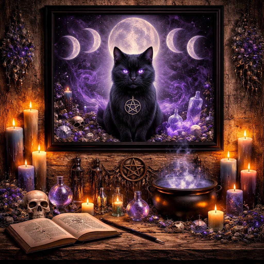 Moon Phase & Black Cat Canvas Wall Art - Gothic Black Framed Print for Witch Home & Wicca Altar Decor-MoonChildWorld