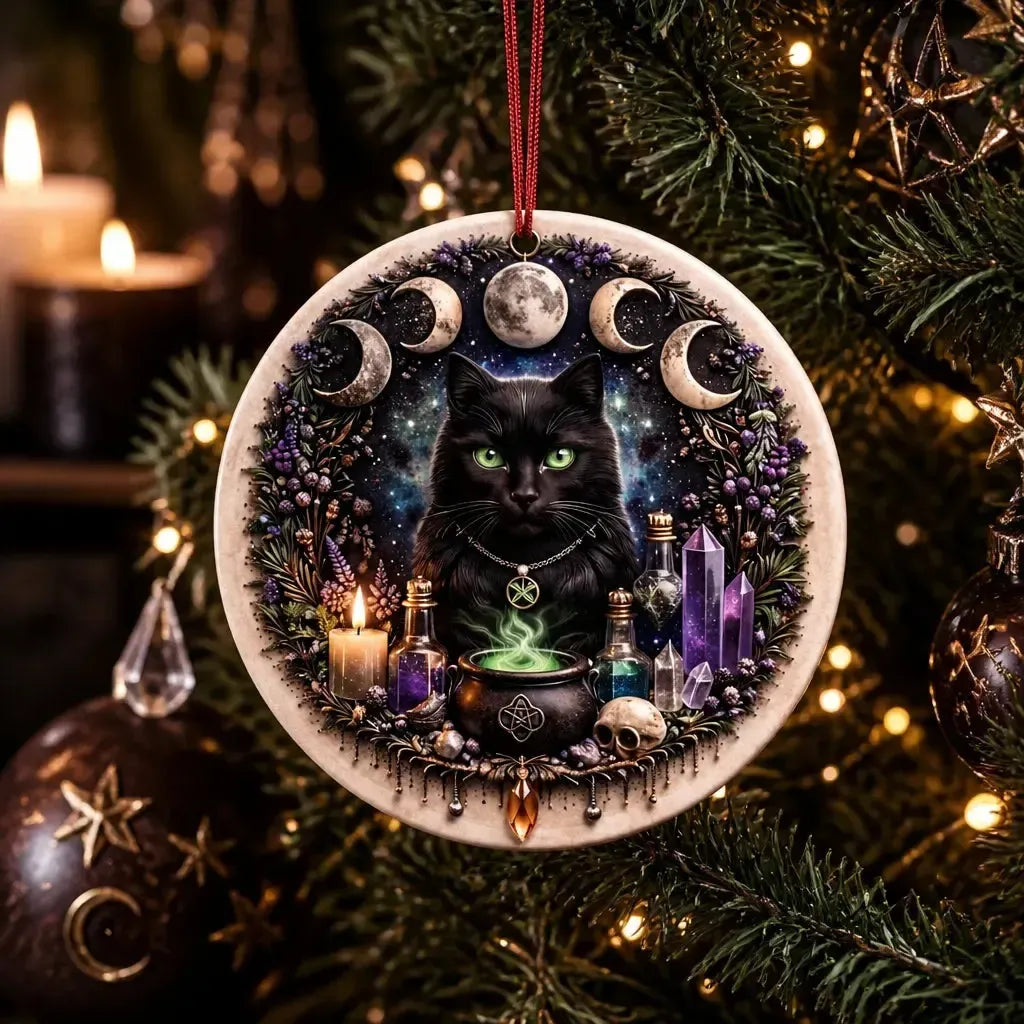 Moon Phase Black Cat Yule Ceramic Ornament – Witchy Christmas Tree Decor_mockup_1.webp