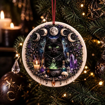Moon Phase Black Cat Yule Ceramic Ornament – Witchy Christmas Tree Decor_mockup_1.webp