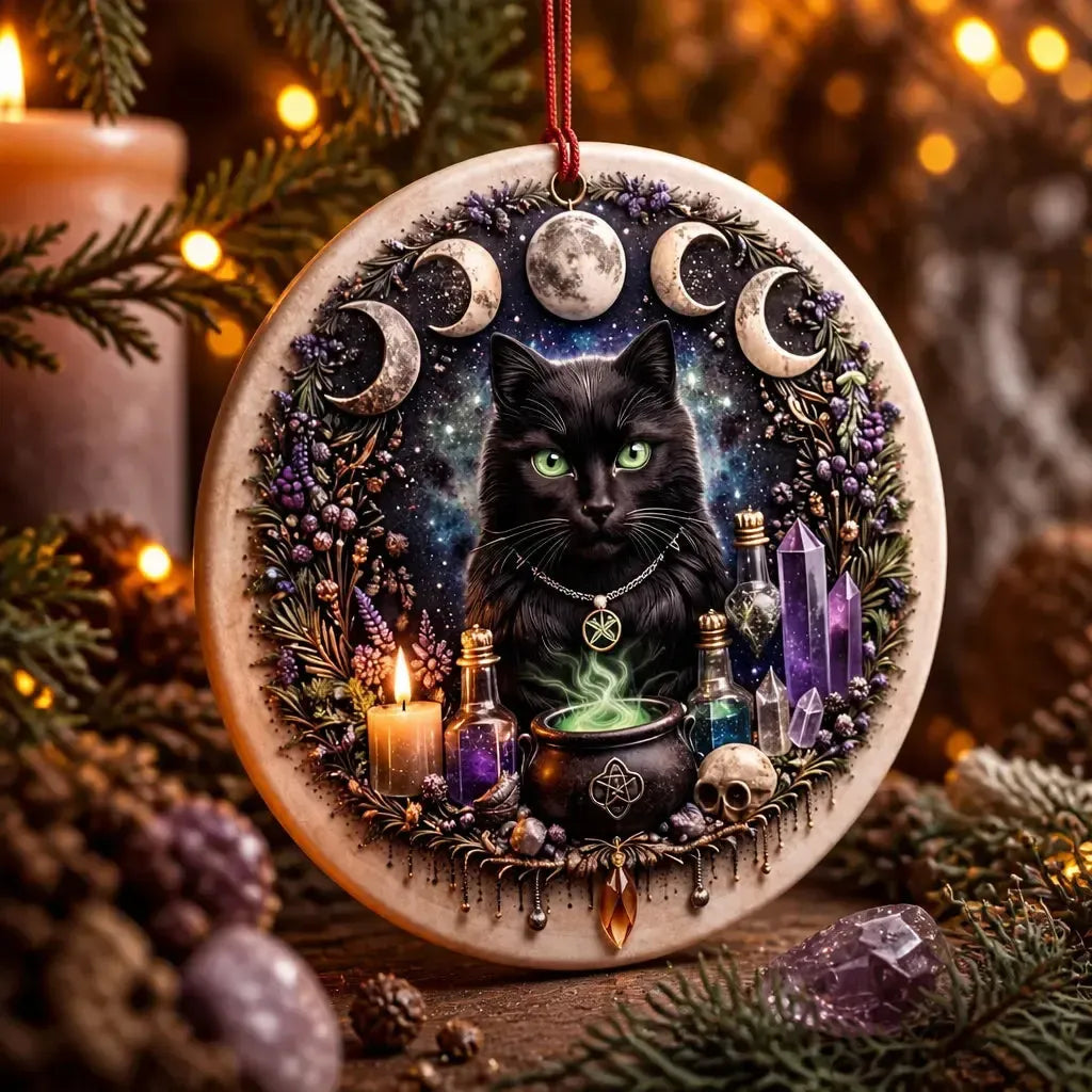 Moon Phase Black Cat Yule Ceramic Ornament – Witchy Christmas Tree Decor_mockup_2.webp
