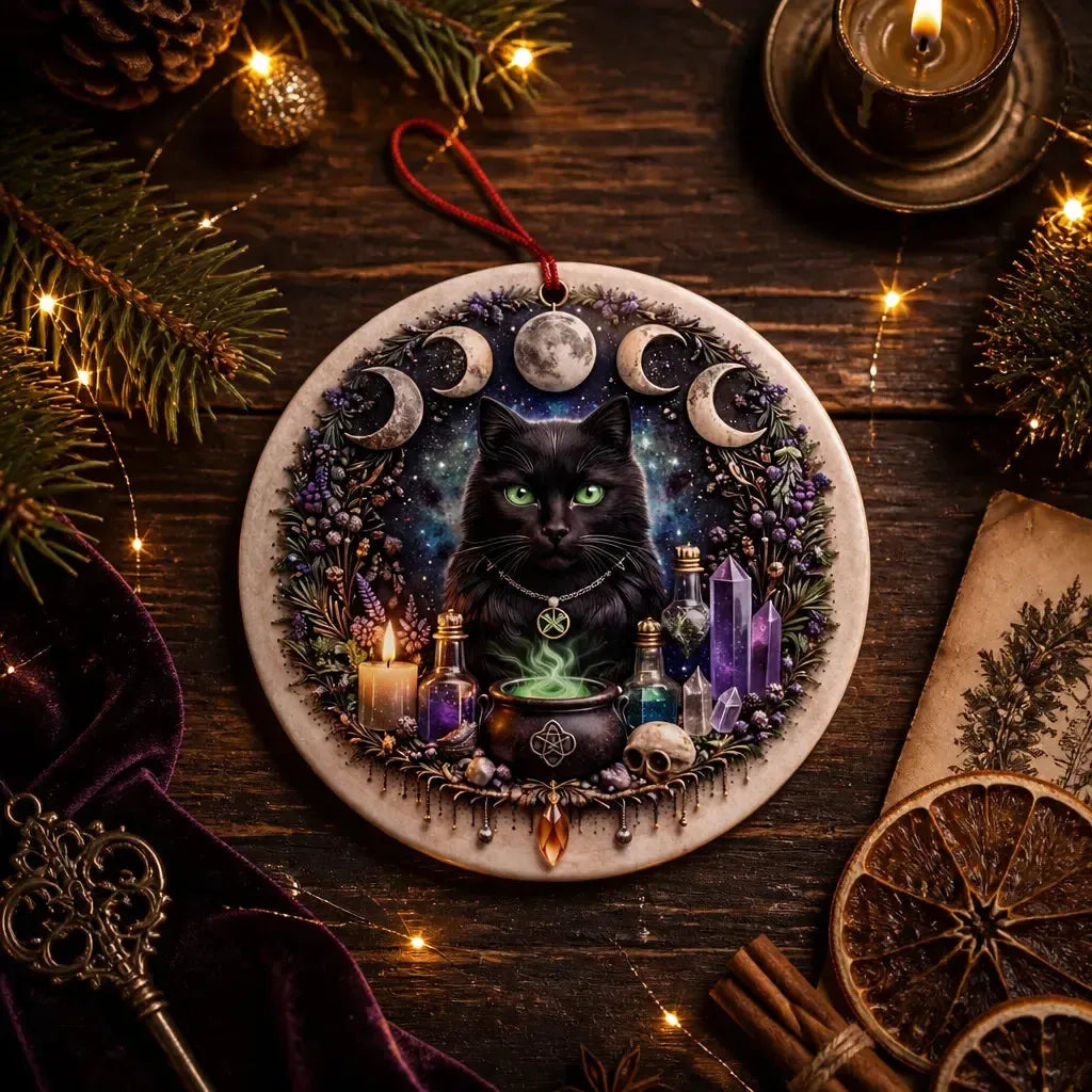 Moon Phase Black Cat Yule Ceramic Ornament – Witchy Christmas Tree Decor_mockup_3.webp