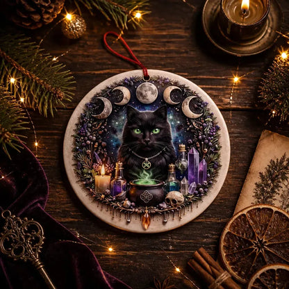 Moon Phase Black Cat Yule Ceramic Ornament – Witchy Christmas Tree Decor_mockup_3.webp