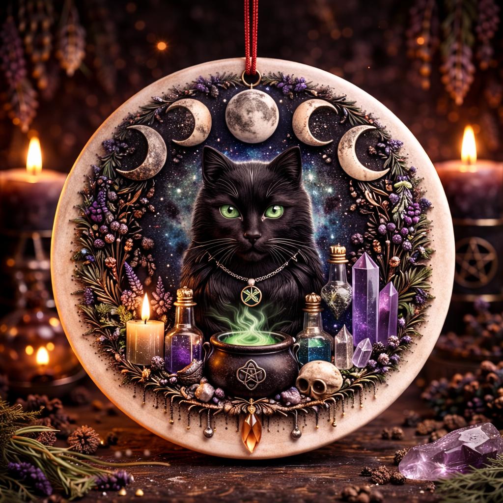 Moon Phase Black Cat Yule Ceramic Ornament – Witchy Christmas Tree Decor-MoonChildWorld