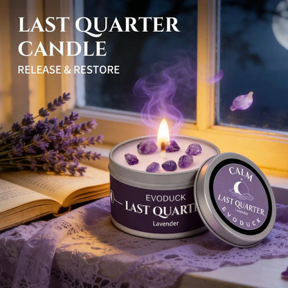 Last Quarter Candle Release and Restore with amethyst crystals in soy wax, Calm lid design, lavender sprigs and an open book by a moonlit window