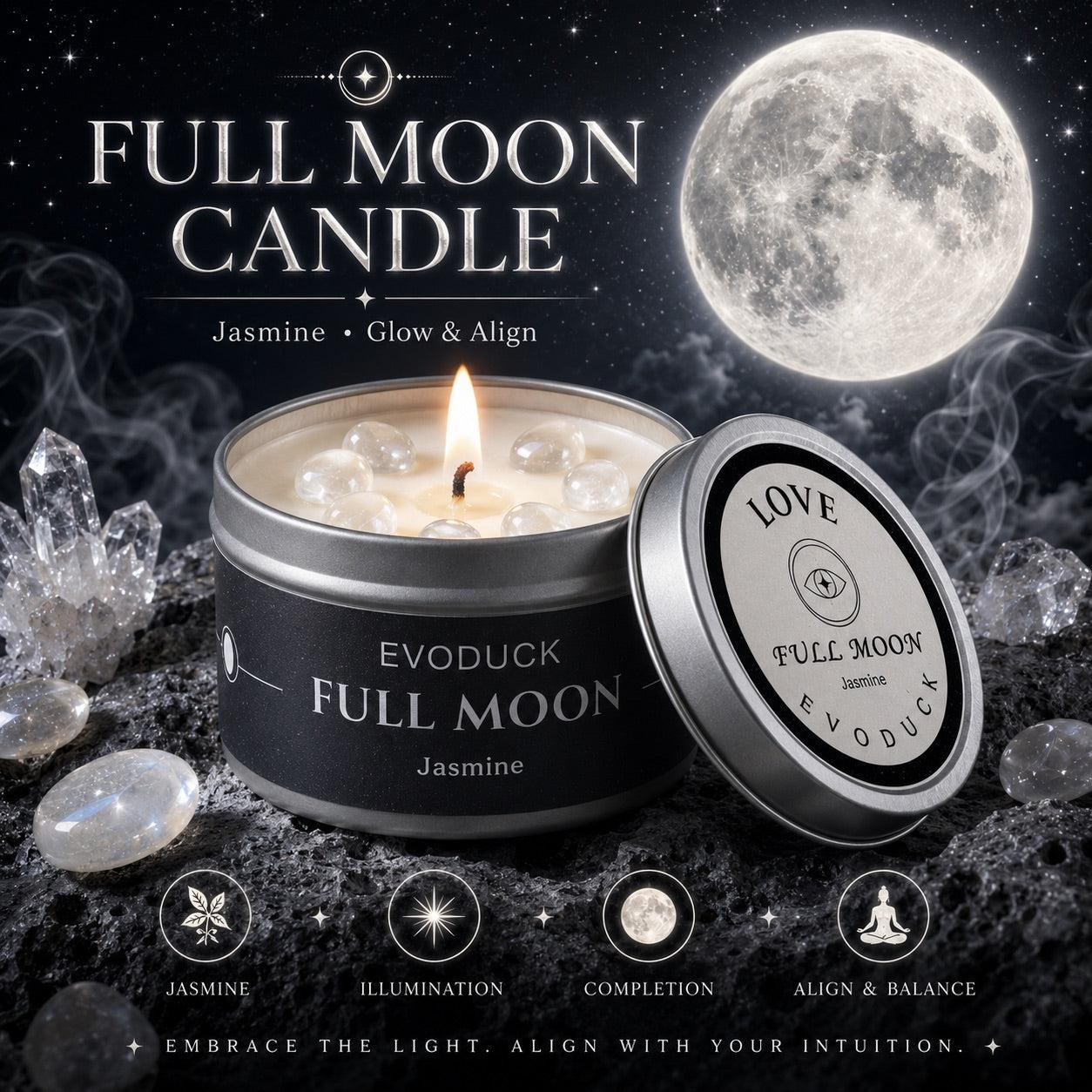 Full Moon Candle Jasmine Glow and Align with Love lid design, moonstone crystals under a full moon - Illumination, Completion, Align and Balance