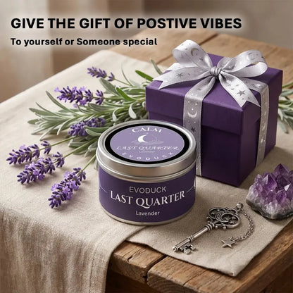 Last Quarter Candle gift set with purple wrapped box, silver ribbon, lavender sprigs, amethyst crystal cluster and vintage key - Give the Gift of Positive Vibes