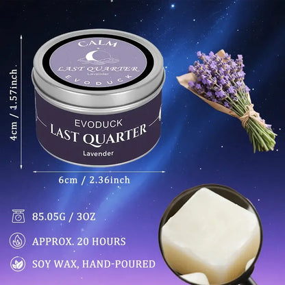 Last Quarter Candle size specifications infographic - 3oz hand-poured soy wax candle, 20 hour burn time, with Lavender bouquet