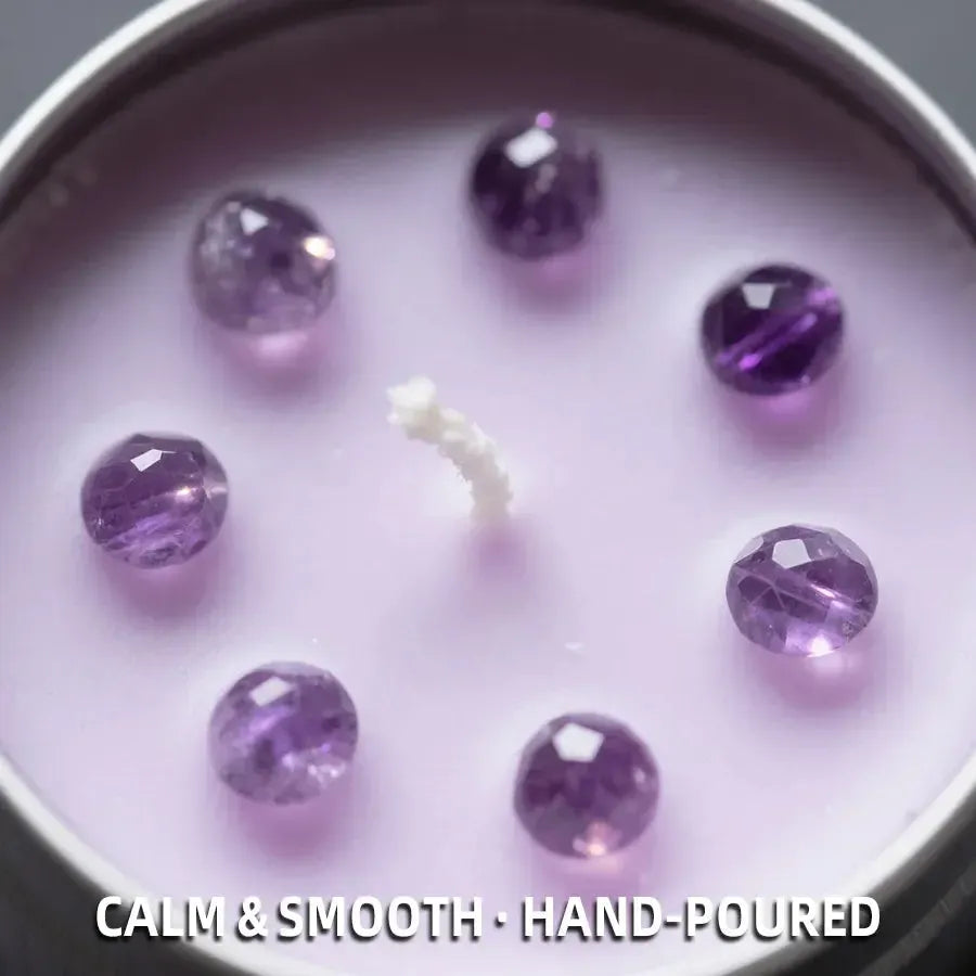 Close-up of Last Quarter Candle with round amethyst crystal beads in soy wax and cotton wick - Calm and Smooth, hand-poured