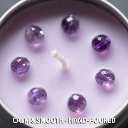 Close-up of Last Quarter Candle with round amethyst crystal beads in soy wax and cotton wick - Calm and Smooth, hand-poured
