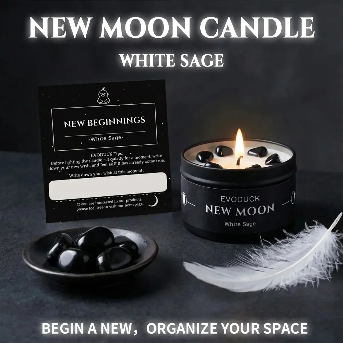 New Moon Candle White Sage with New Beginnings intention card, bowl of obsidian stones and a white feather - Begin Anew, Organize Your Space