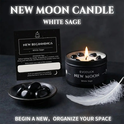 New Moon Candle White Sage with New Beginnings intention card, bowl of obsidian stones and a white feather - Begin Anew, Organize Your Space