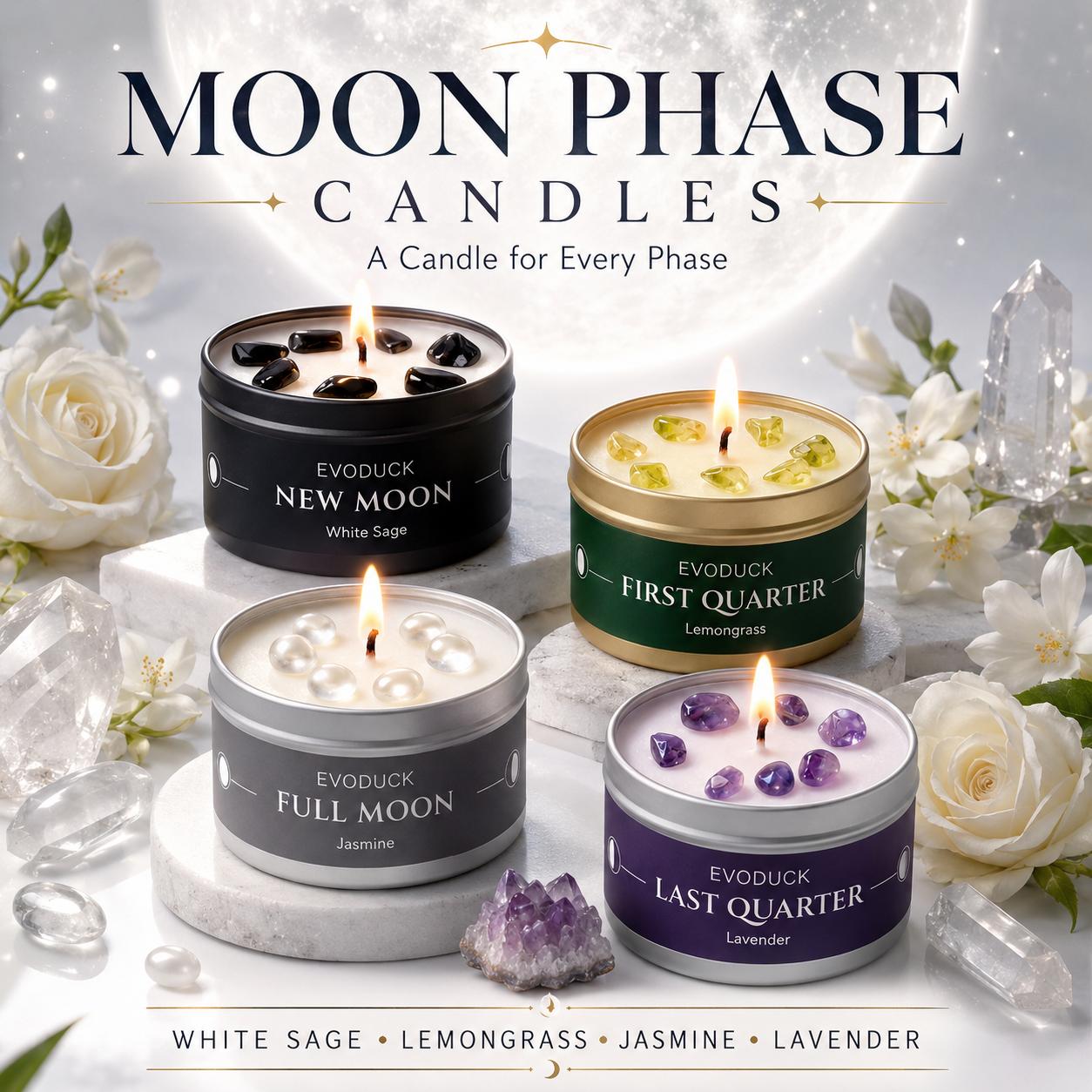 Moon phase candle for Wicca altar in soy wax tin