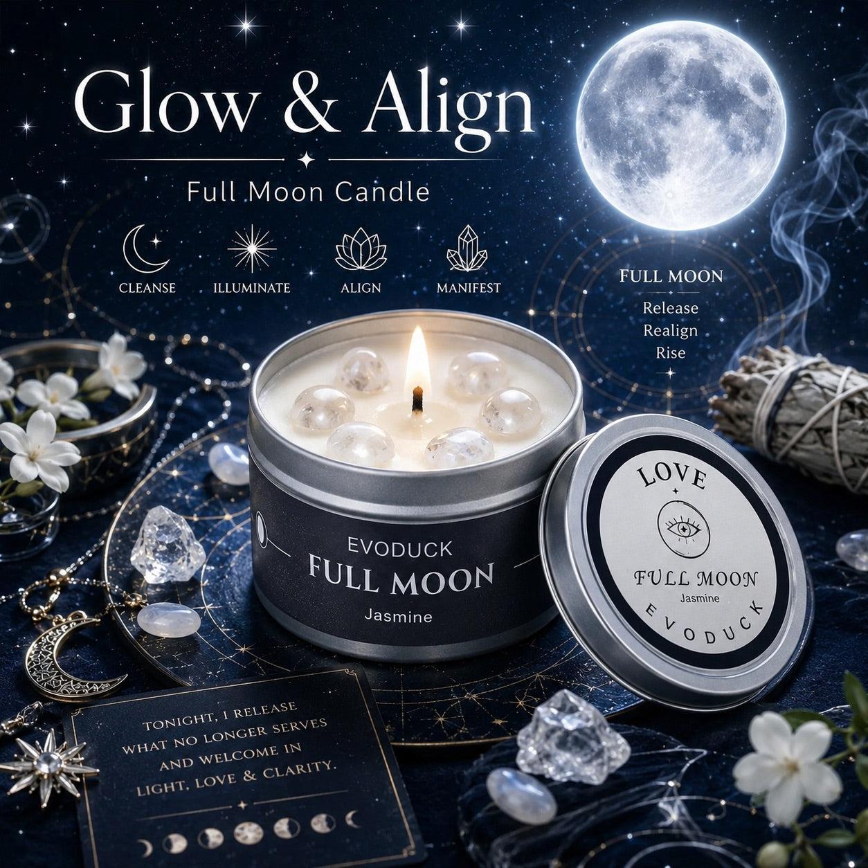 Full Moon Candle Glow and Align with Love lid design, moon jewelry, white flowers and crystal points under a full moon - Cleanse, Illuminate, Align, Manifest