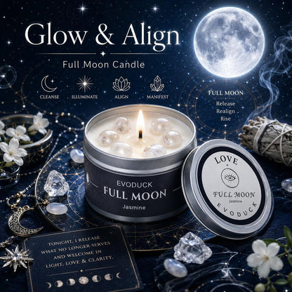 Full Moon Candle Glow and Align with Love lid design, moon jewelry, white flowers and crystal points under a full moon - Cleanse, Illuminate, Align, Manifest