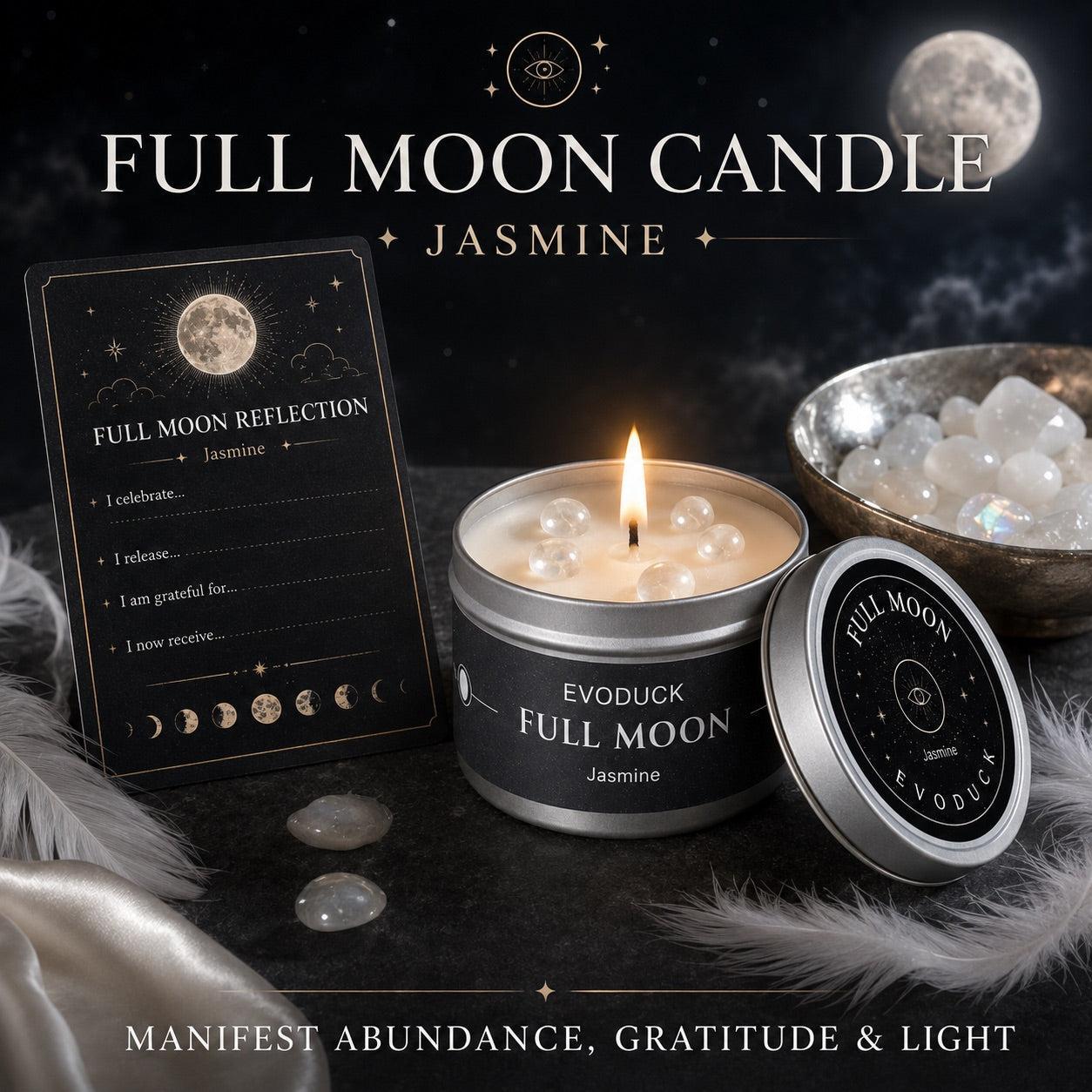 Full Moon Candle Jasmine with Full Moon Reflection journal card, moonstone crystals in a bowl and feather boa - Manifest Abundance, Gratitude and Light
