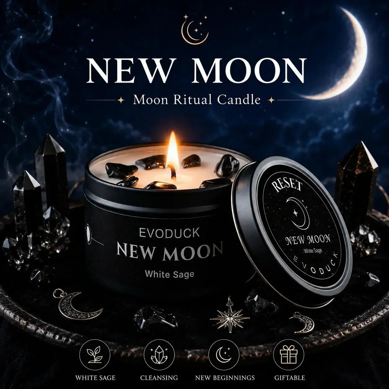 New Moon Ritual Candle with obsidian crystals in soy wax, Reset lid design and black crystal points on moon jewelry backdrop - White Sage, Cleansing, New Beginnings