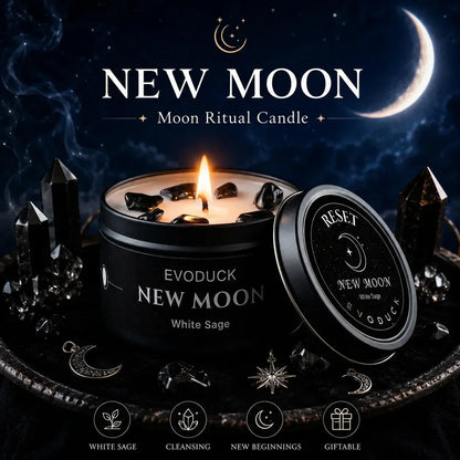New Moon Ritual Candle with obsidian crystals in soy wax, Reset lid design and black crystal points on moon jewelry backdrop - White Sage, Cleansing, New Beginnings