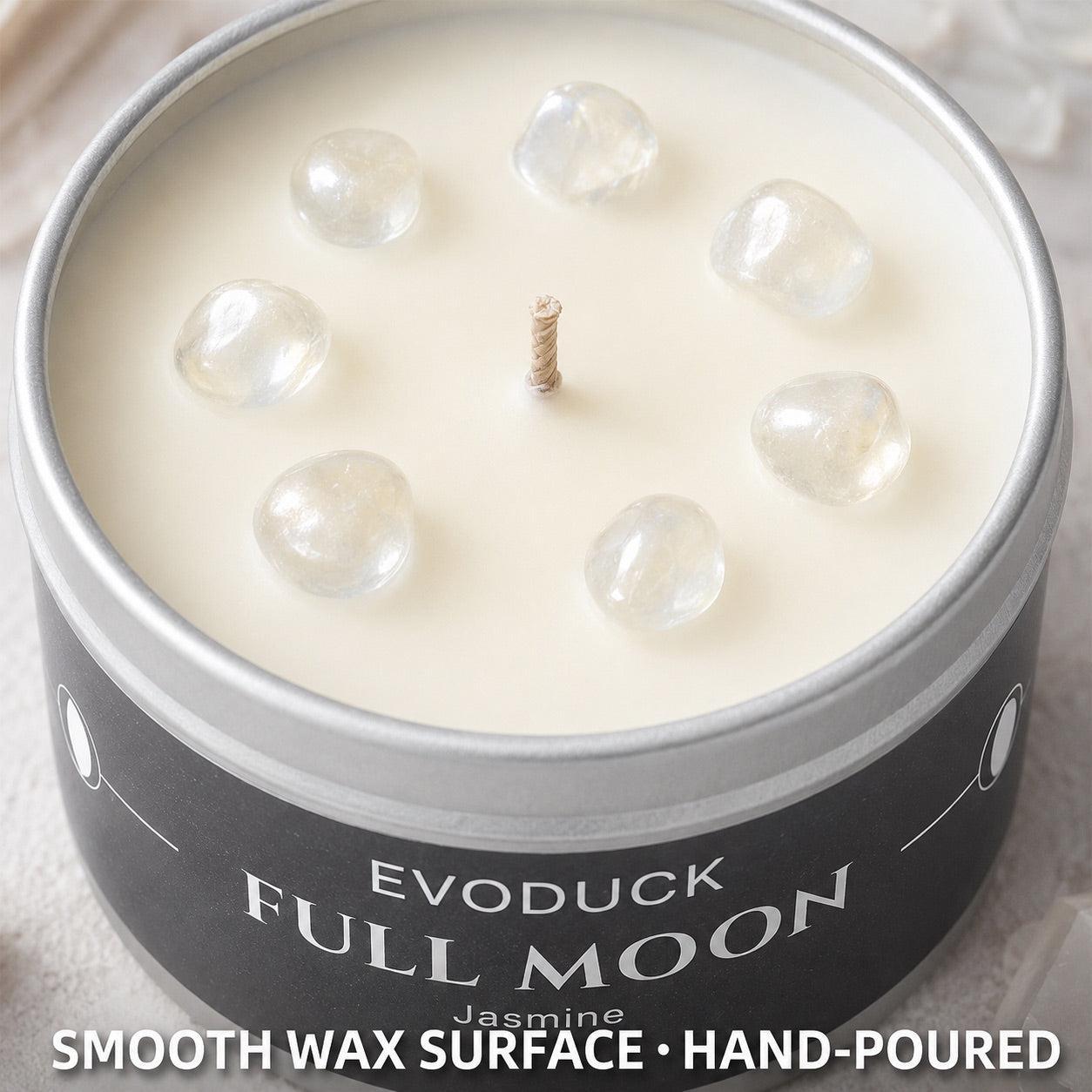 Close-up of Full Moon Candle Jasmine with clear quartz crystal tumbles in smooth soy wax - hand-poured