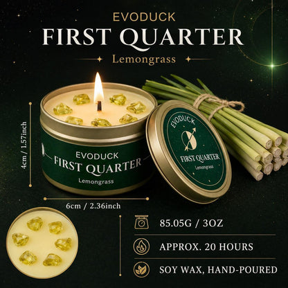 First Quarter Candle Lemongrass size specifications infographic - 3oz hand-poured soy wax candle, 20 hour burn time, with citrine crystals and lemongrass stalks
