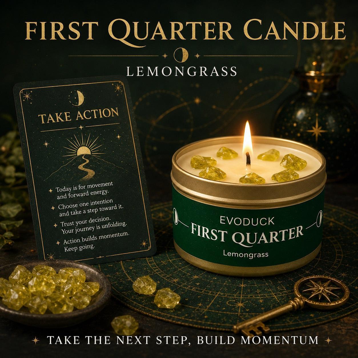 First Quarter Candle Lemongrass with Take Action intention card, citrine crystals in soy wax and a vintage compass key - Take the Next Step, Build Momentum