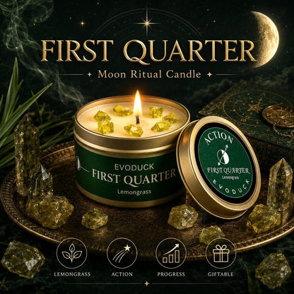 First Quarter Moon Ritual Candle with Action lid design, citrine crystal chunks on a gold plate under a crescent moon - Lemongrass, Action, Progress, Giftable