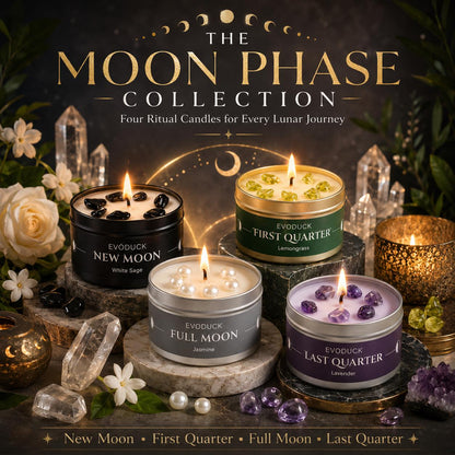 Moon Phase Collection featuring New Moon, First Quarter, Full Moon and Last Quarter ritual candles with crystals and flowers - four candles for every lunar journey